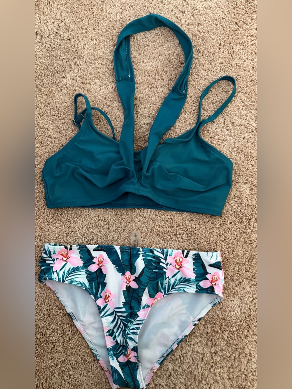 Girls Bikini Swimsuit Set Size 12 Teal Floral High Waisted 2 Piece Swimwear 160
